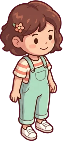 A personagem jogadora, de cabelo castanho cacheado e jardineira verde-água.
