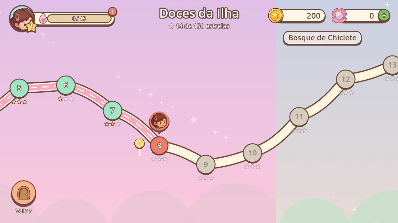 Trilha de fases do minigame Doces da Ilha.