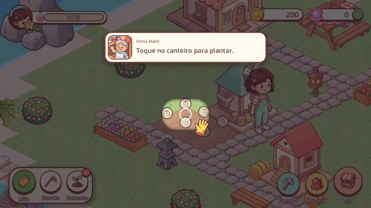 Dona Maré ensinando a plantar no tutorial.