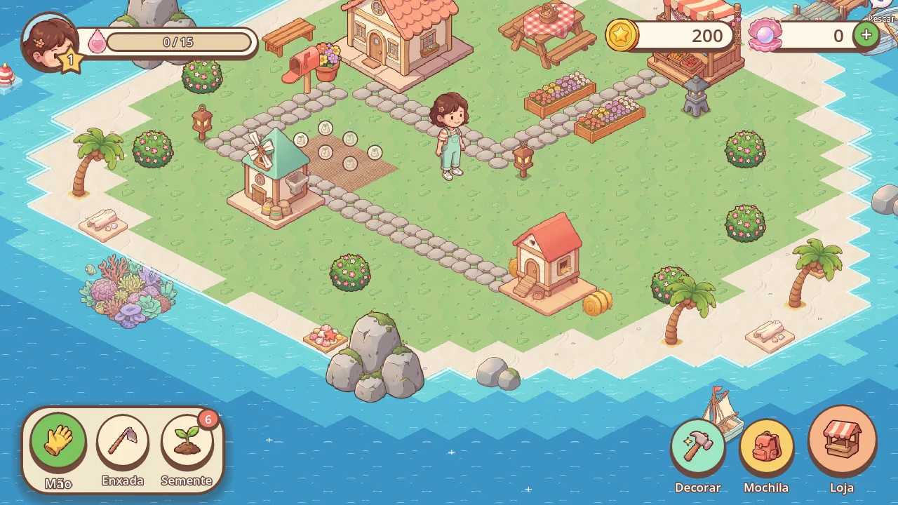 A ilha no jogo: casinha, moinho, galinheiro, horta e a personagem no caminho de pedras.
