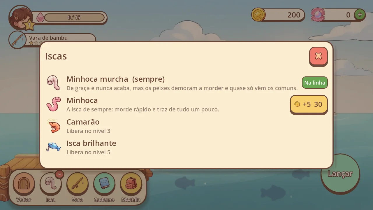 Tela de pesca com a escolha de iscas.