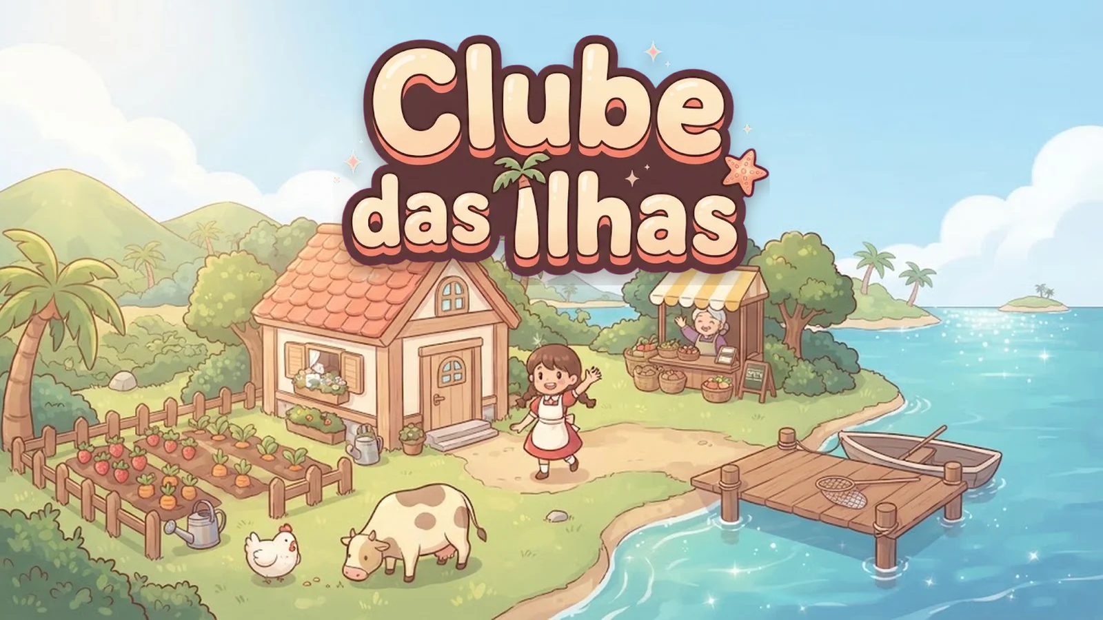 Arte do Clube das Ilhas: uma ilha tropical com casinha, horta e mar azul.